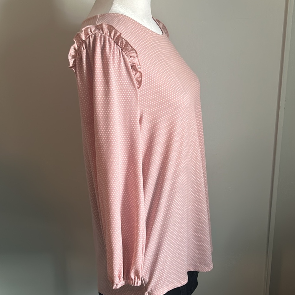 Adrianna Papell Feminine Long Sleeve Polka Dot Ruffled Shoulder Crewneck Blouse - Picture 3 of 7